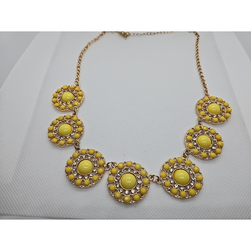 ELEGANT ETRUSCAN STYLE COUTURE YELLOW CABOCHONS & RHINESTONE GOLDEN BIB NECKLACE
